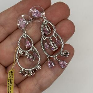 Karis Platinum Bonded Earrings Tiered Dangle Drop Pink Stones New